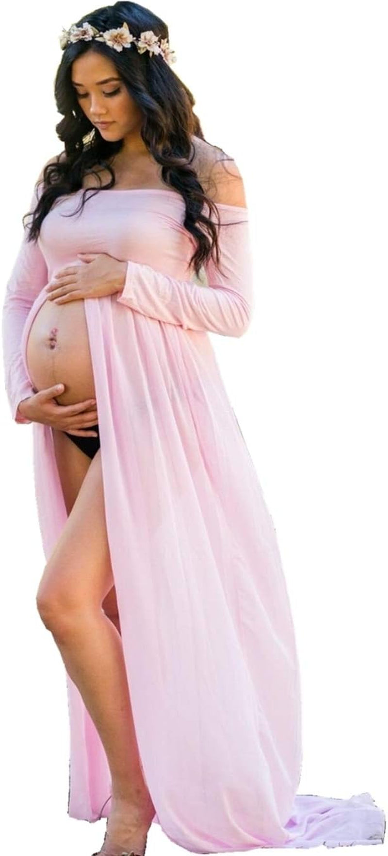 ZIUMUDY Maternity Maxi Chiffon Photography Dress Split Front Gown for Photoshoot