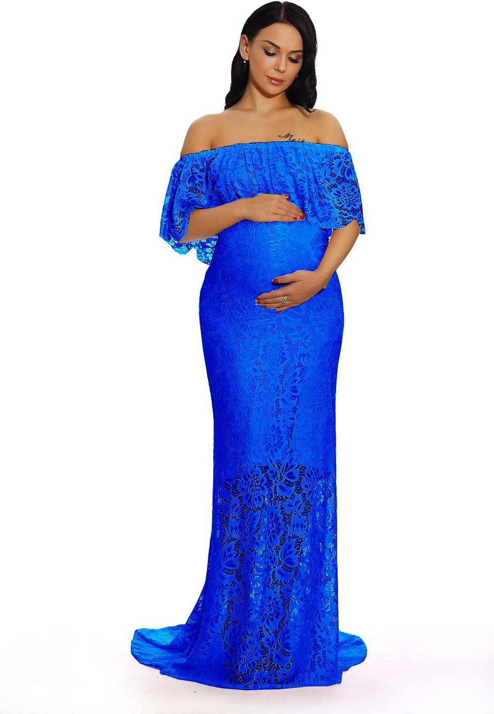 ZIUMUDY Women'S off Shoulder Ruffles Lace Maternity Gown Maxi Photography Baby Shower Dress