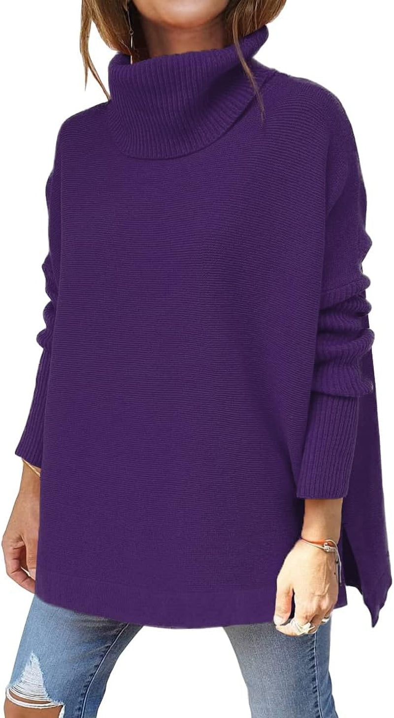 LILLUSORY Women'S Turtleneck Oversized Sweaters Long Batwing Sleeve Spilt Hem Tunic Pullover Knit Tops