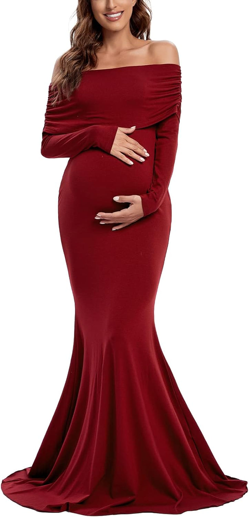 Glampunch off Shoulders Maternity Dress Long Sleeve Ruched Maternity Gown Baby Shower Photography Pregnant Dress