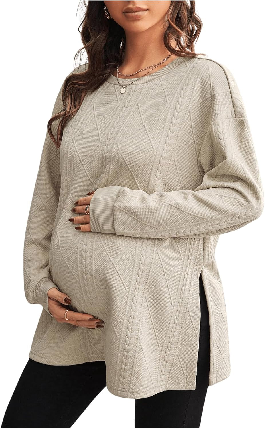 Makemechic Women'S Maternity Sweatshirt round Neck Long Sleeve Split Hem Pregnancy Pullover Tops