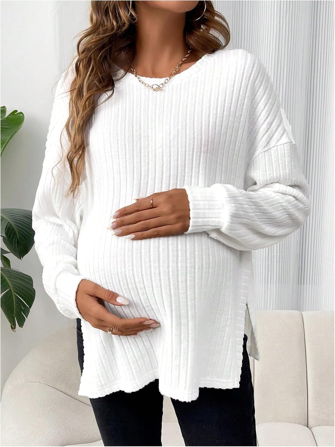 Makemechic Women'S Maternity Tee Shirt Long Sleeve round Neck Split Hem Rib Knitted Pregnancy Tops
