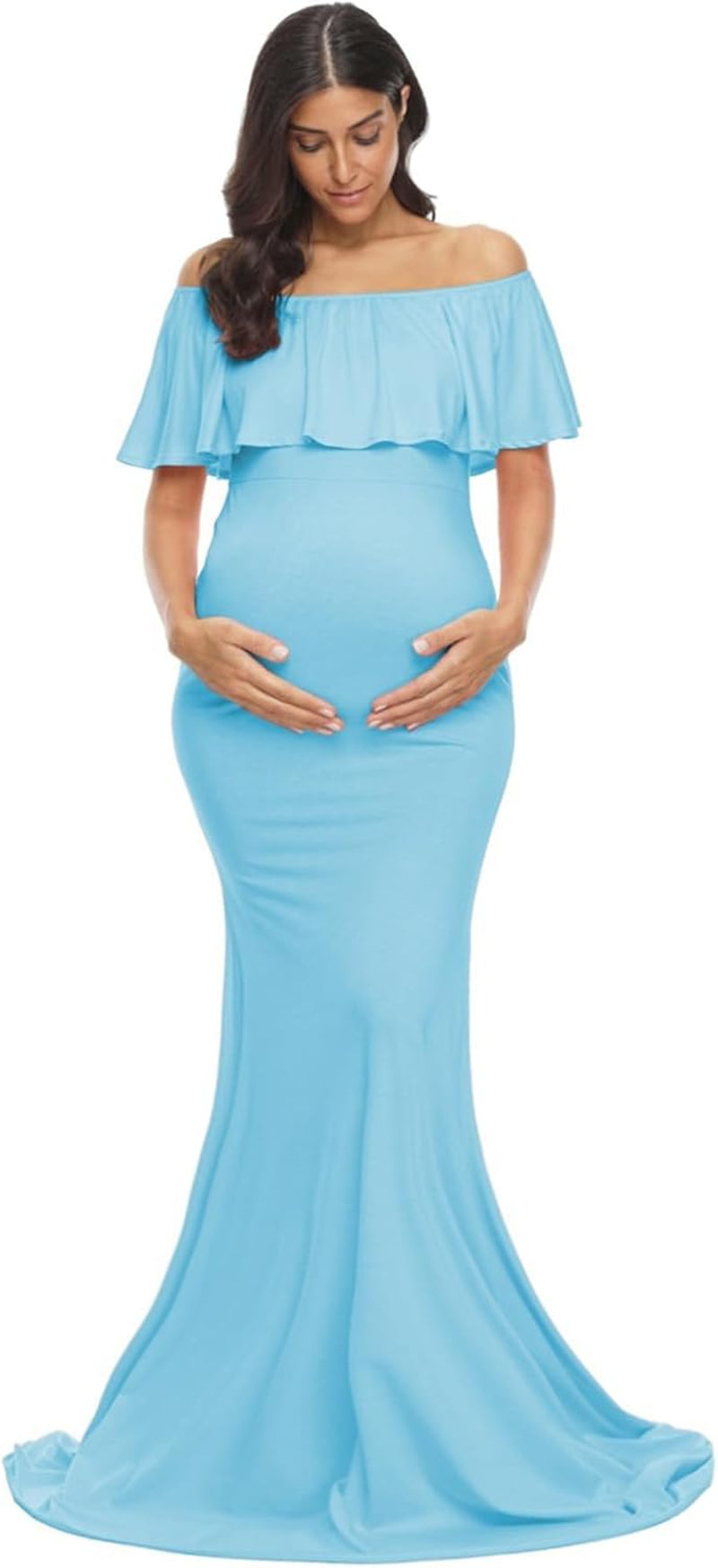 Glampunch Womens off Shoulder Maternity Dress Ruffles Elegant Slim Gowns Fit Maxi Photography Dress