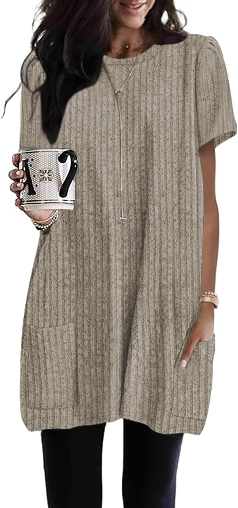 Naggoo Summer Womens Tunic Tops for Leggings with Pockets Loose Fit Short Sleeve Casual Long T Shirts