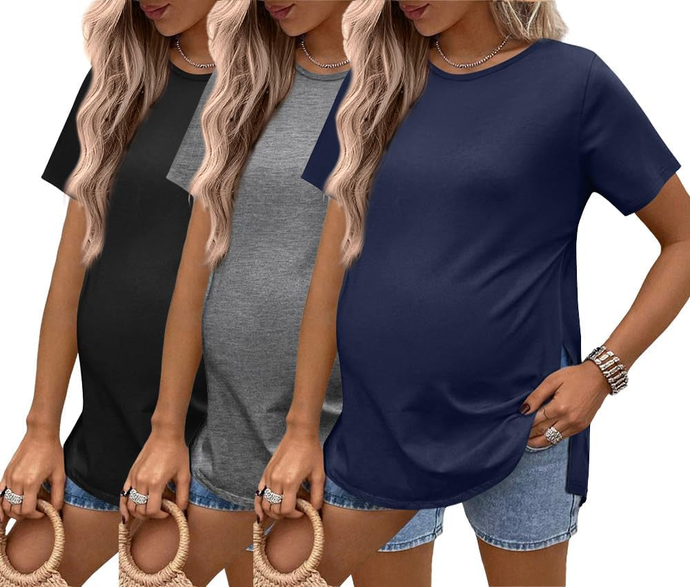 Ekouaer 3 Pack Maternity Shirts Short Sleeve Split Side Pregnancy Tops Casual Pregnant Tunic Blouse