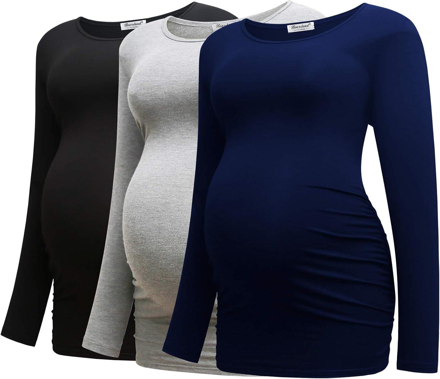 Bearsland Womens Maternity Long Sleeve Tshirt 3 Packs Classic Side Ruched Tee Top Mama Pregnancy Clothes