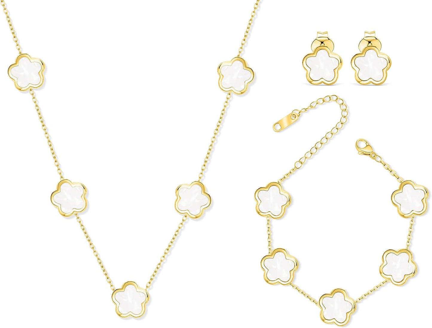 Five Leaf Clover Jewelry Set for Women |18K Gold Plated Bracelet Necklace Earrings | 5 Leaf Lucky Choker and Ear Studs for Mother and Daughter