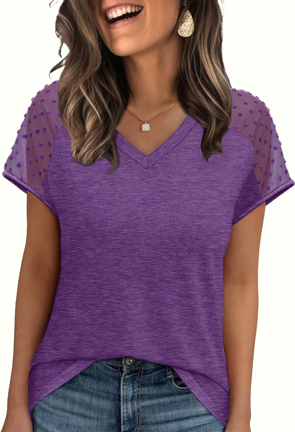 WIHOLL Summer Tops for Women V Neck T-Shirts Swiss Dot Short Sleeve Shirts Casual Fashion Blouses