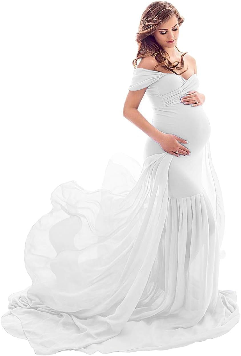 ZIUMUDY Maternity Chiffon Mermaid Gown off Shoulder Dropped Sleeve Fitted Photo Shoot Photography Dress