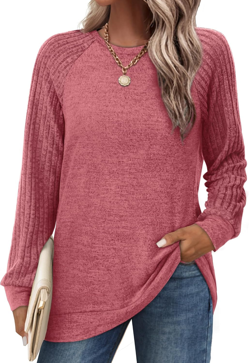 Saloogoe Tunic Sweatshirts for Women Crewneck Lightweight Sweaters Raglan Long Sleeve Shirts Fall Fashion Tops 2024