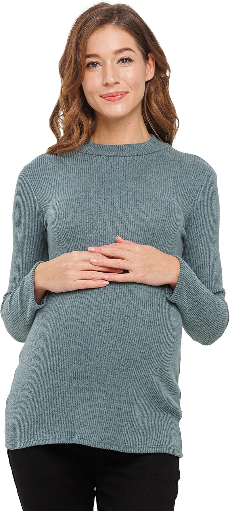 Women'S Knit Ribbed Maternity Top with Mock Neck Long Sleeve