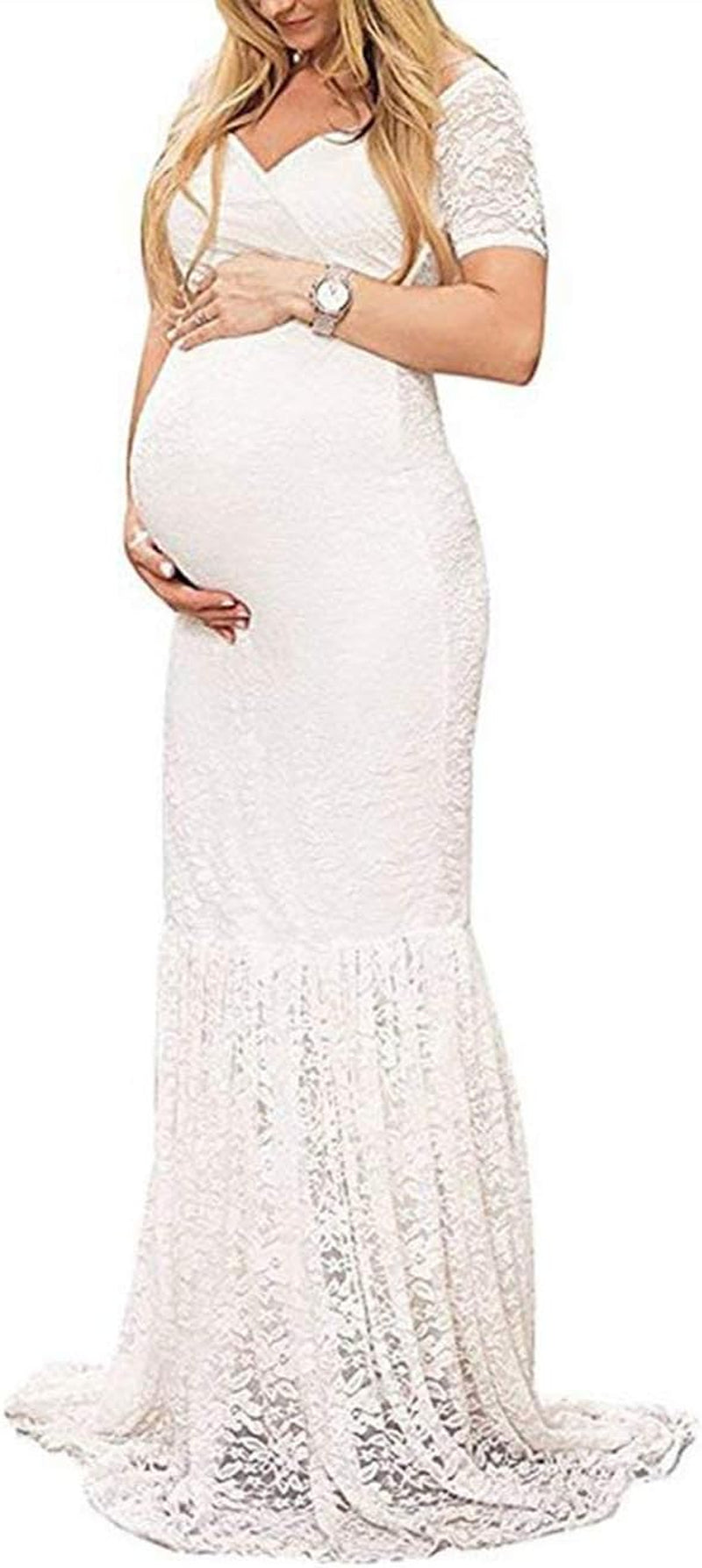 ZIUMUDY Womens off Shoulder Short Sleeve V Neck Lace Maternity Gown Maxi Photography Dress