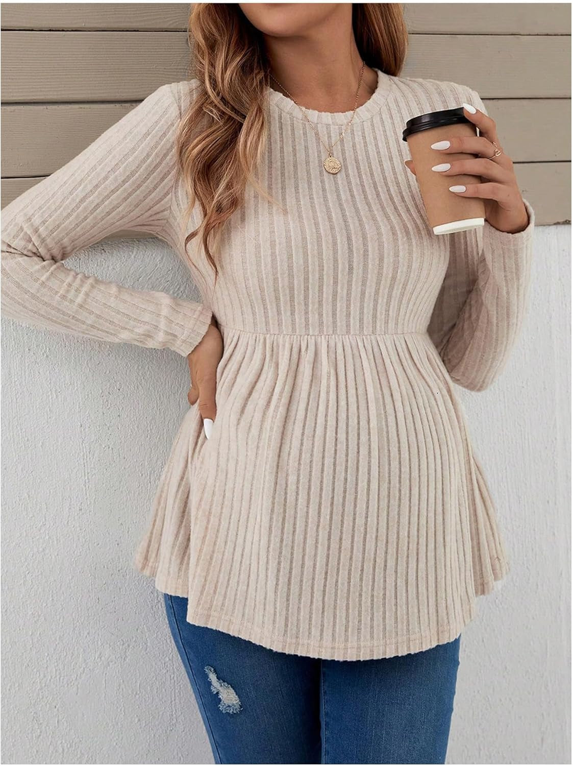 Women'S Maternity Tee Shirt Long Sleeve Ruffle Hem Shirts Ribbed Knit round Neck Peplum Pregnancy Tops Khaki Large