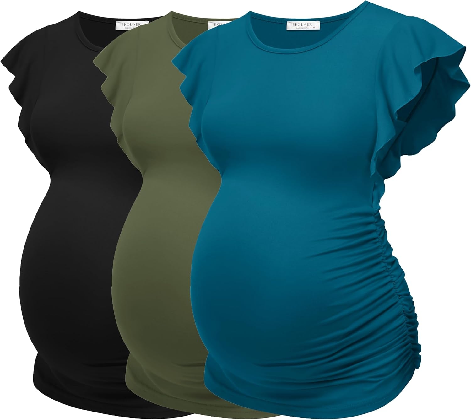 Ekouaer Women'S Maternity Shirts 3 Packs Flying Short Sleeve Pregnancy Tops Side Ruched Tunic Blouse Mama Clothes S-XXL
