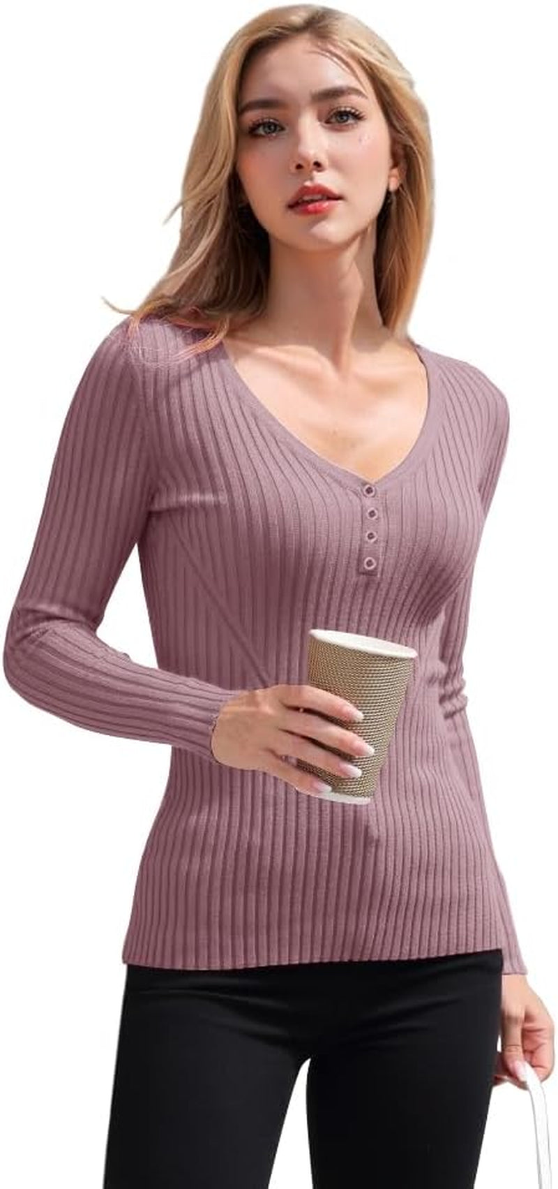 V28 Women Tops Long Sleeve V Neck Henley Button up Casual Sexy Slim Fit Ribbed Knit Knitwear Pullover Sweater