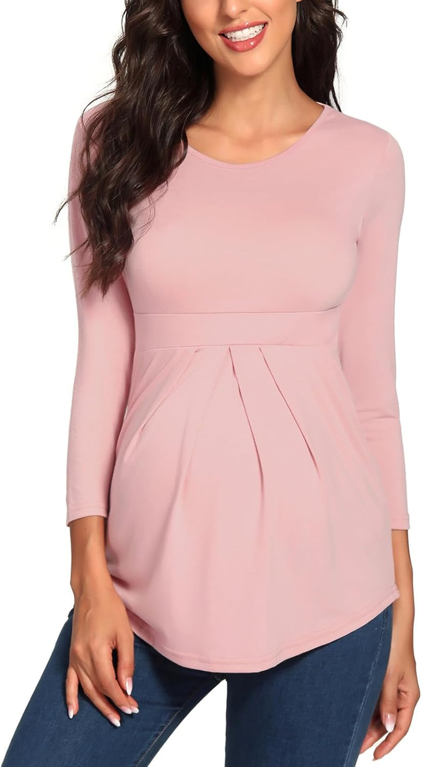 Glampunch Women'S Maternity Tops Short & 3/4 Sleeve round Neck Front Pleat Peplum Tunic Top Pregnancy Shirts