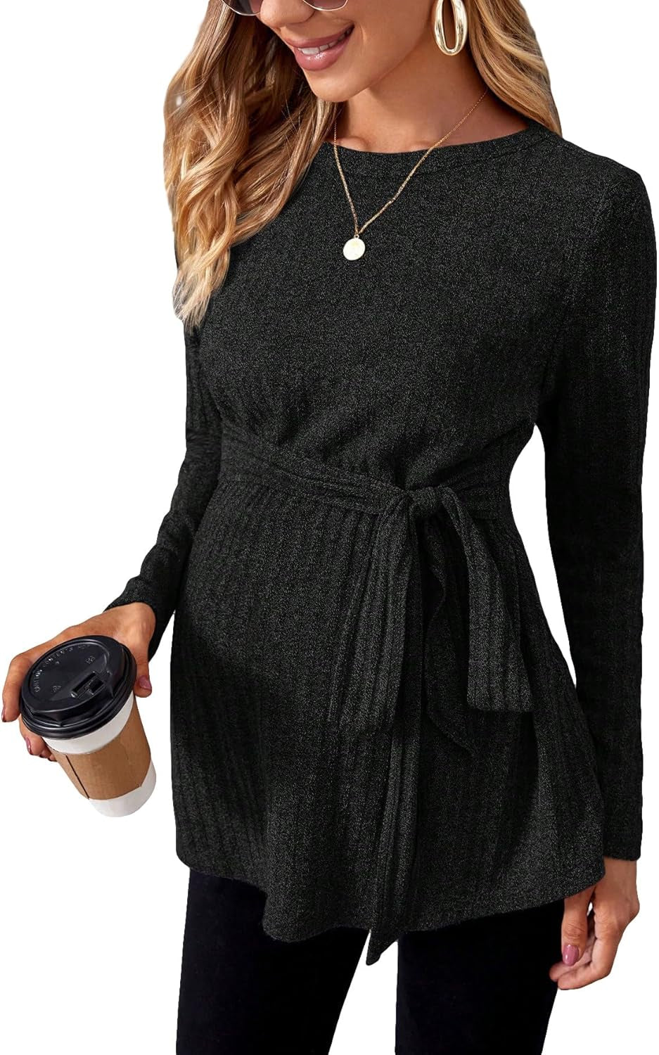 Makemechic Women'S Maternity Shirts Casual Long Sleeve Tie Front Ribbed Knit Pregnancy Tee Top