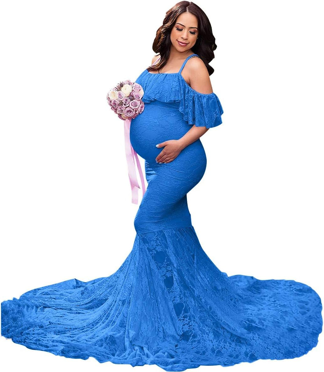 MYRISAM Women Maternity Lace Mermaid Gown off Shoulder Ruffle Slim Fitted Photo Shoot Wedding Party Prom Baby Shower Dress