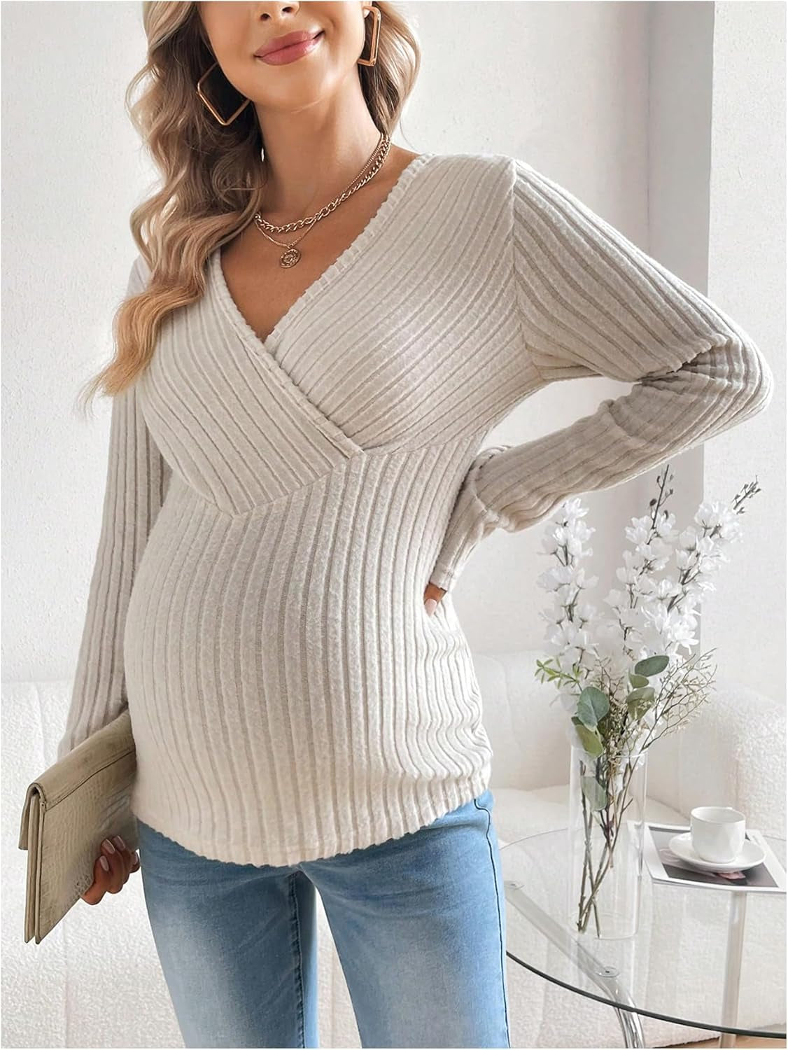Sweatyrocks Women'S Maternity Tops V Neck Long Sleeve Ribbed T Shirts Pregnancy Clothes