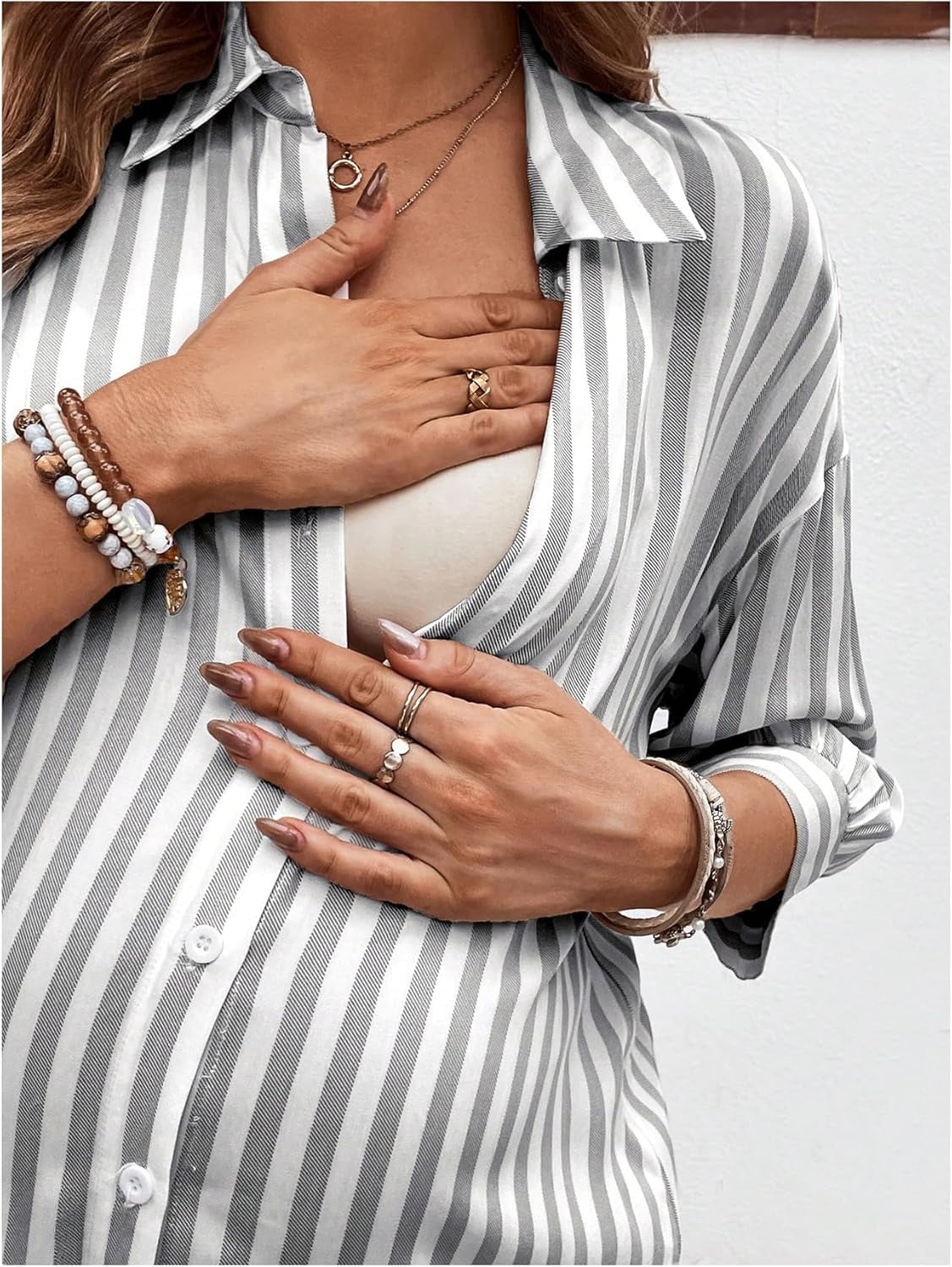 Makemechic Women'S Maternity Shirts Blouses Striped Button down 3/4 Sleeve Pregnancy Nursing Top