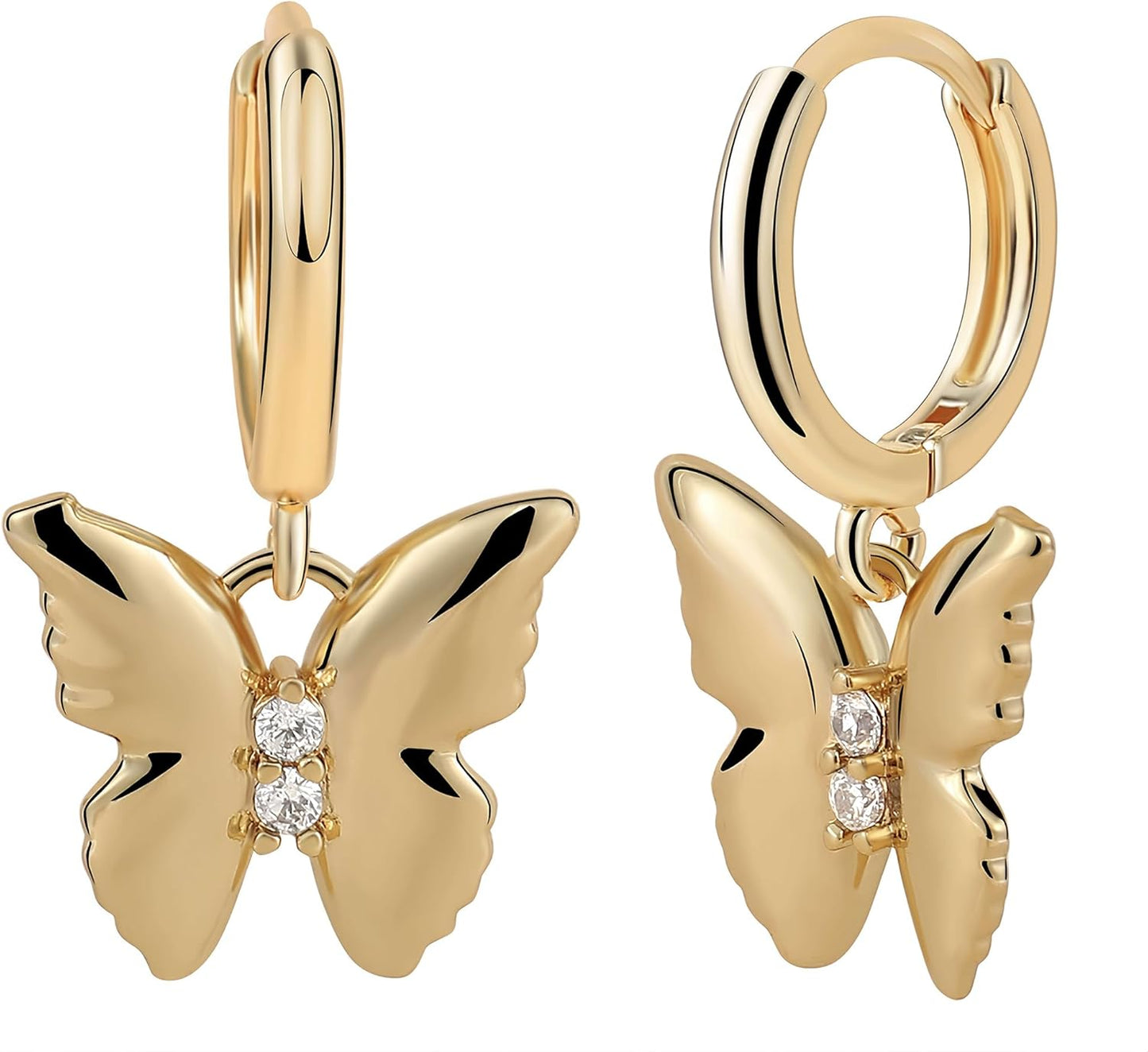 Gold Cherry Bow Heart Drop Dangle Earrings, Huggie Hoop Style, Hypoallergenic Non Tarnish Delicate Ribbon Butterfly Design Dainty Shiny Sensitive Ear for Women Gifts