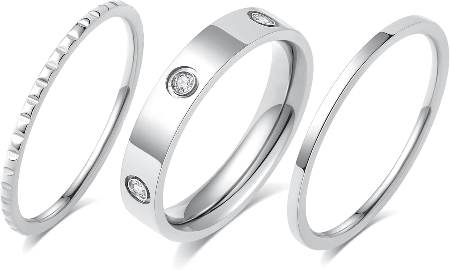 Elegant 3PCS Cubic Zirconia Stackable Love Rings for Women, 18K Gold-Plated Silver-Plated 316L Stainless Steel Hypoallergenic Jewelry, Easter Anniversary Birthday Gifts for Mom Friends Sister