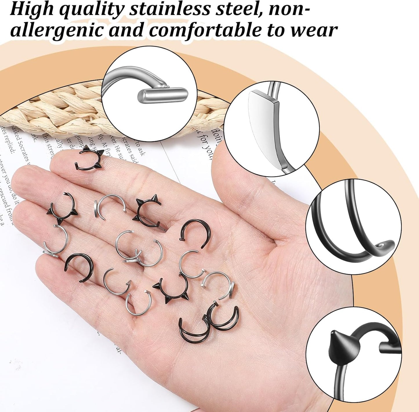 16PCS Fake Lip Piercing, 4 Styles Fake Lip Ring Stainless Steel Clip on Vampire Teeth Ring Fakes Snake Bite Non-Piercing Nose Rings Hoop for Women Men Halloween