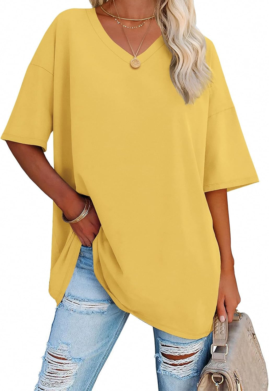 ATHMILE Womens Summer Oversized Shirts V Neck Business Casual Workout Tops Beach Vacation 2025 Gym Clothes