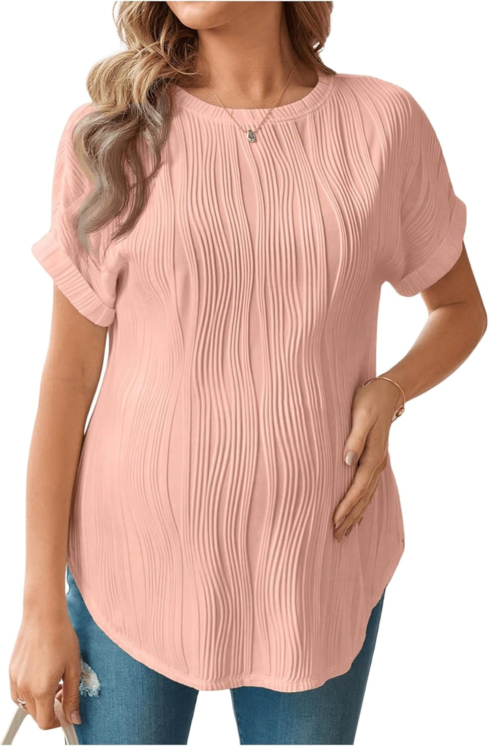 OYOANGLE Women'S Casual Maternity T-Shirt Textured Short Sleeve Crew Neck Loose Tunic Top Pregnancy Blouse Tee