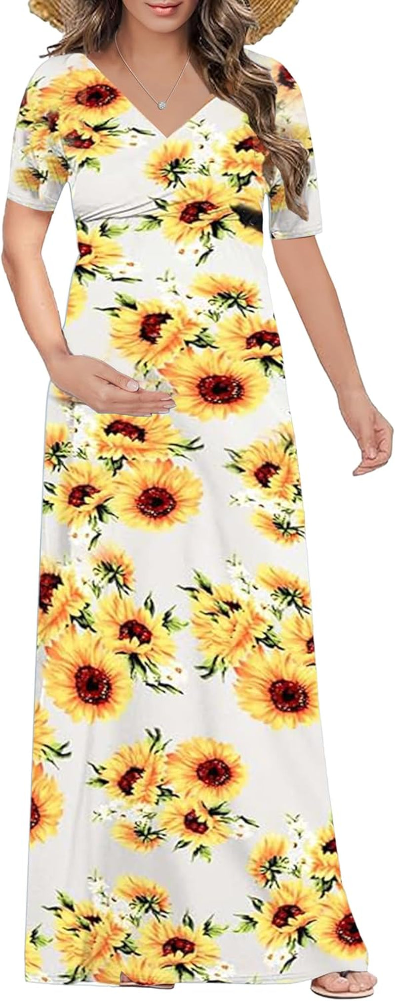 KIM S Maternity Maxi Dress with Flower Sash(S-3Xl)/Wrapped Ruched V Neck Photoshoot Baby Shower Dresses