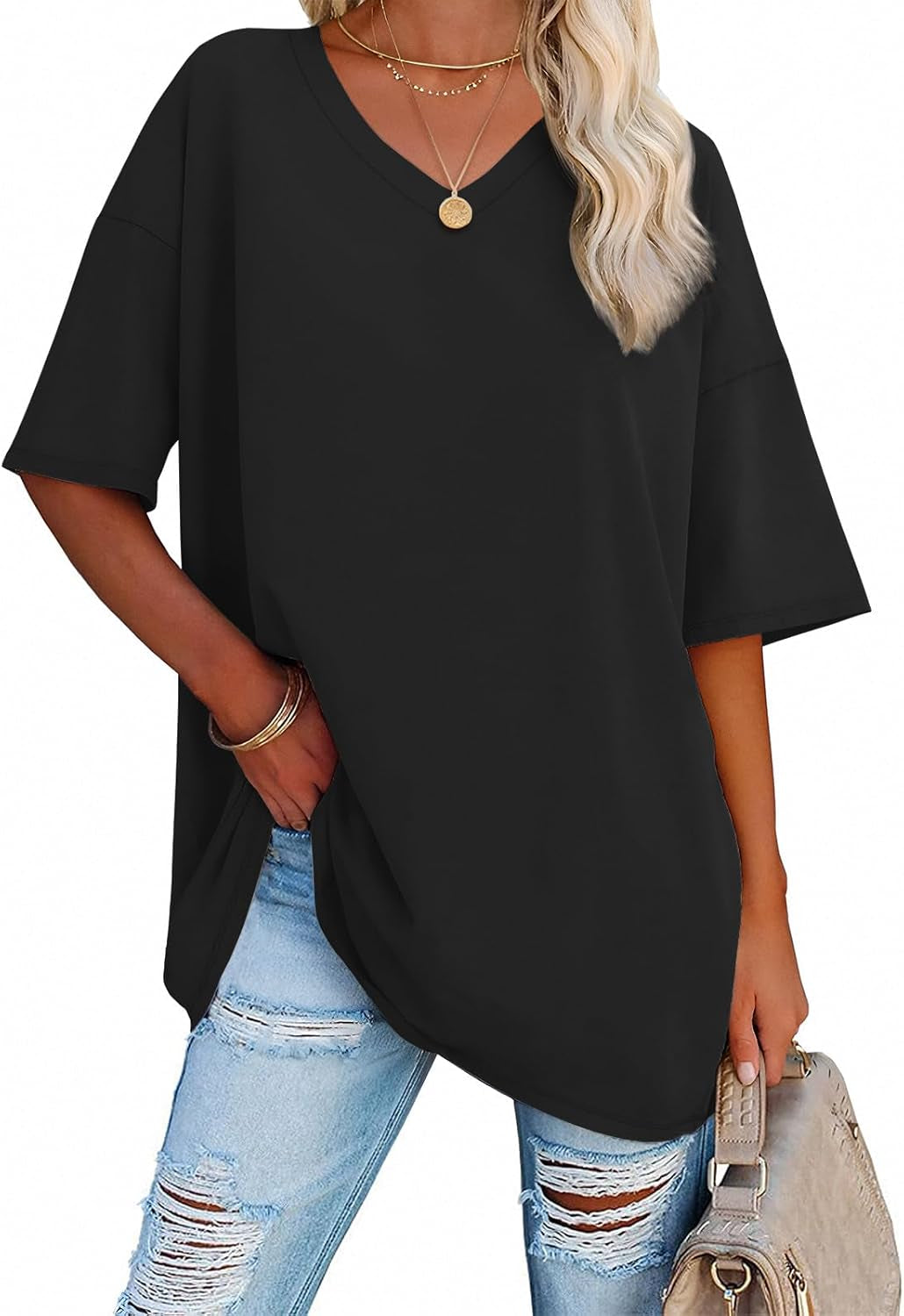 ATHMILE Womens Summer Oversized Shirts V Neck Business Casual Workout Tops Beach Vacation 2025 Gym Clothes