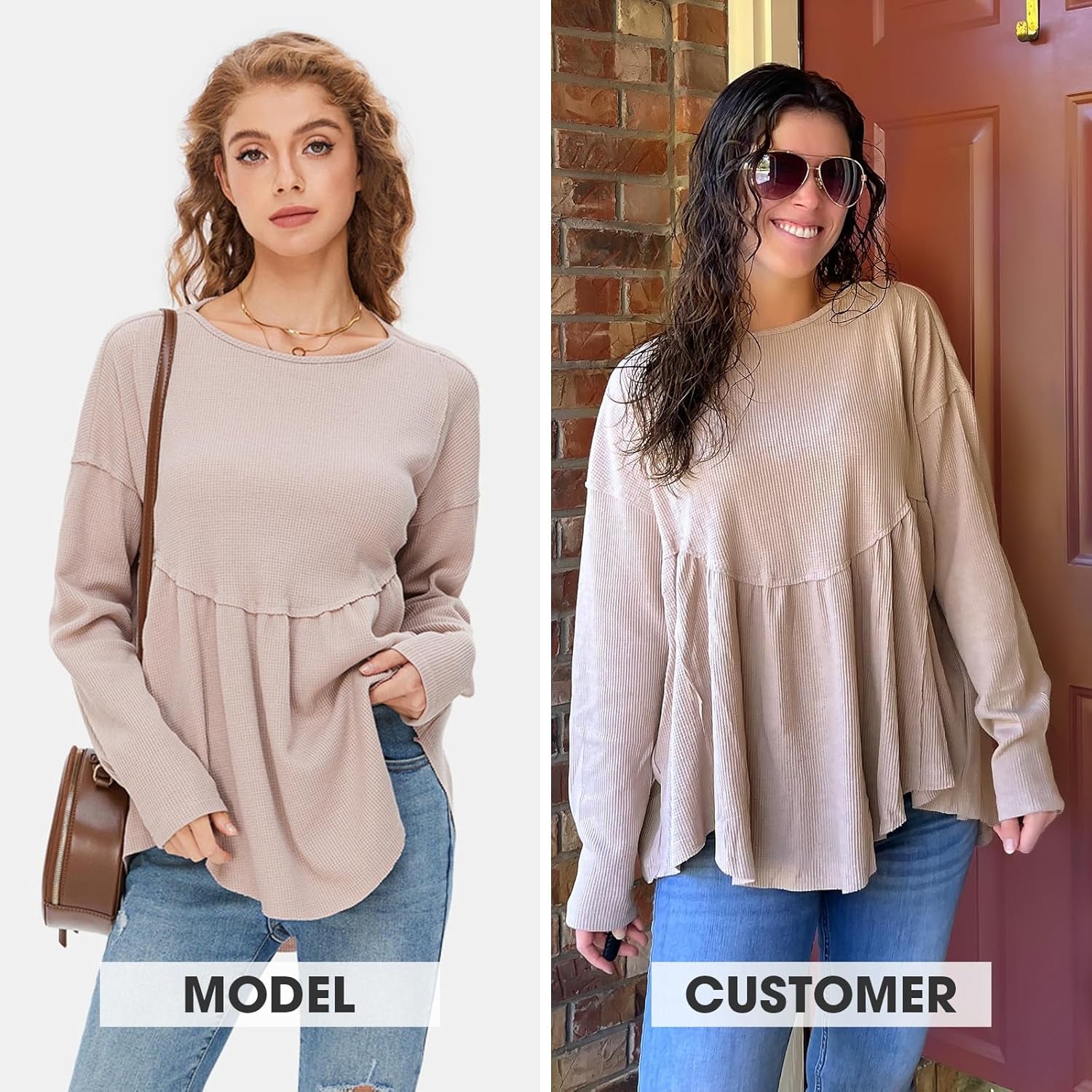 EXLURA Waffle Knit Long Sleeve Shirts for Womens Crewneck Loose Babydoll Tunic Tops Maternity Tops Fall Fashion 2024 Clothes Apricot
