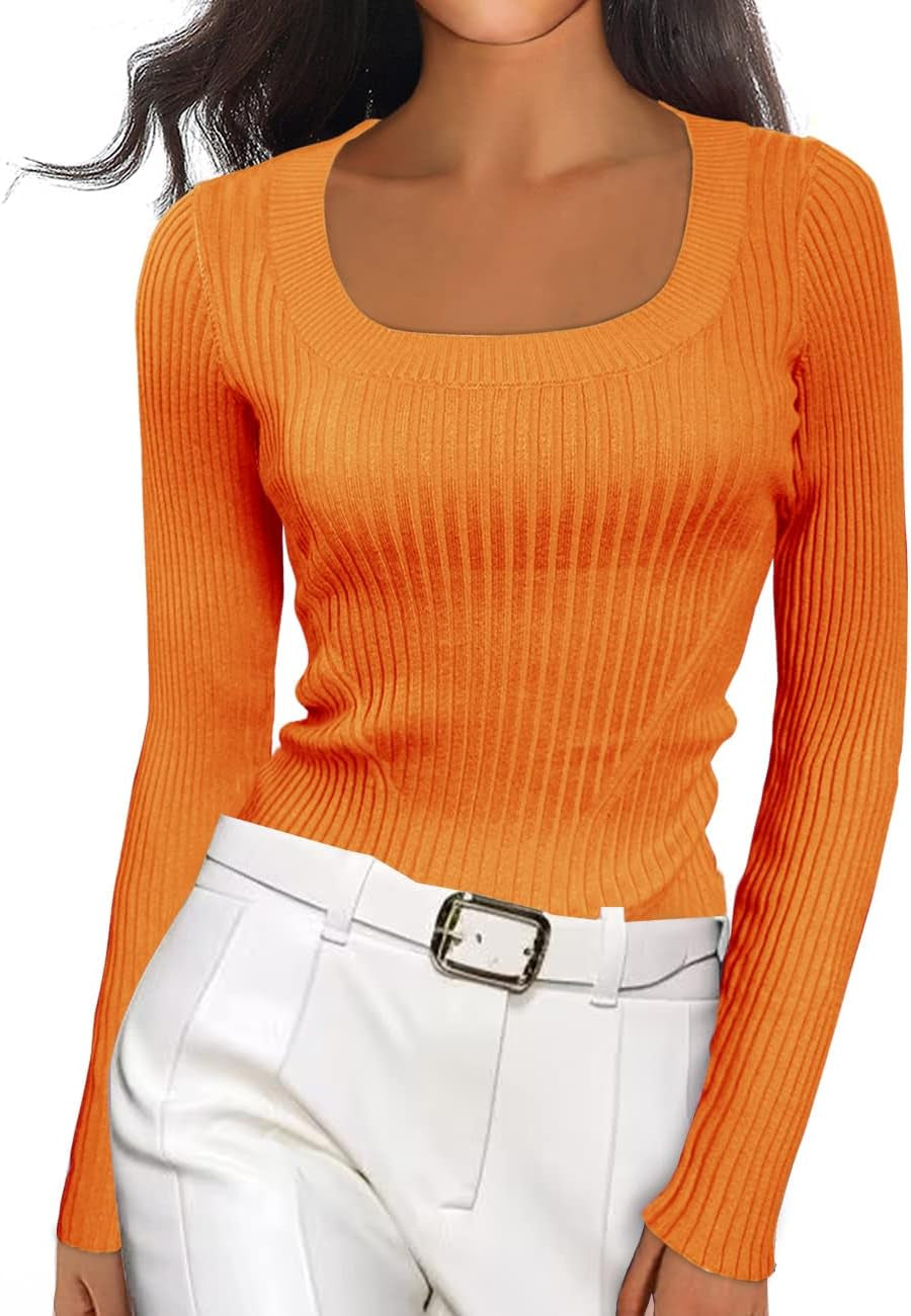 V28 Women Scoop Neck U-Neck Knit Long Sleeve Slim Fit Ribbed Sweater Tops