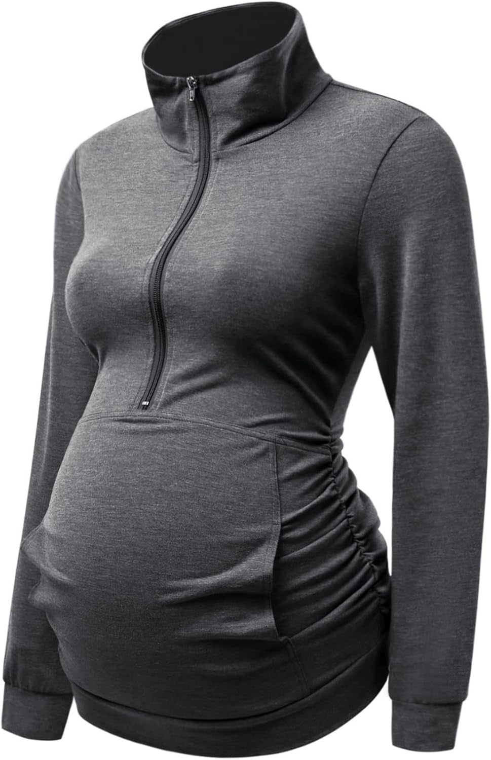 DEBELLY Maternity Shirt with Pocket Women'S Lapel Top Casual Pregnancy Long Sleeve Zipper Sweatshirt