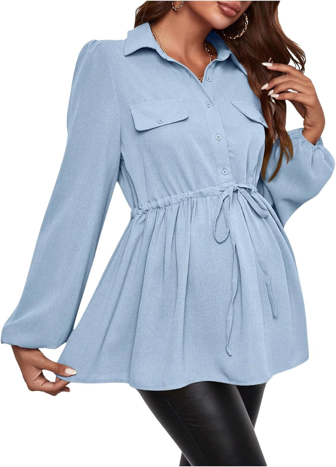 Makemechic Women'S Maternity Shirts Long Sleeve Belted Button down Casual Pregnancy Blouse Tops