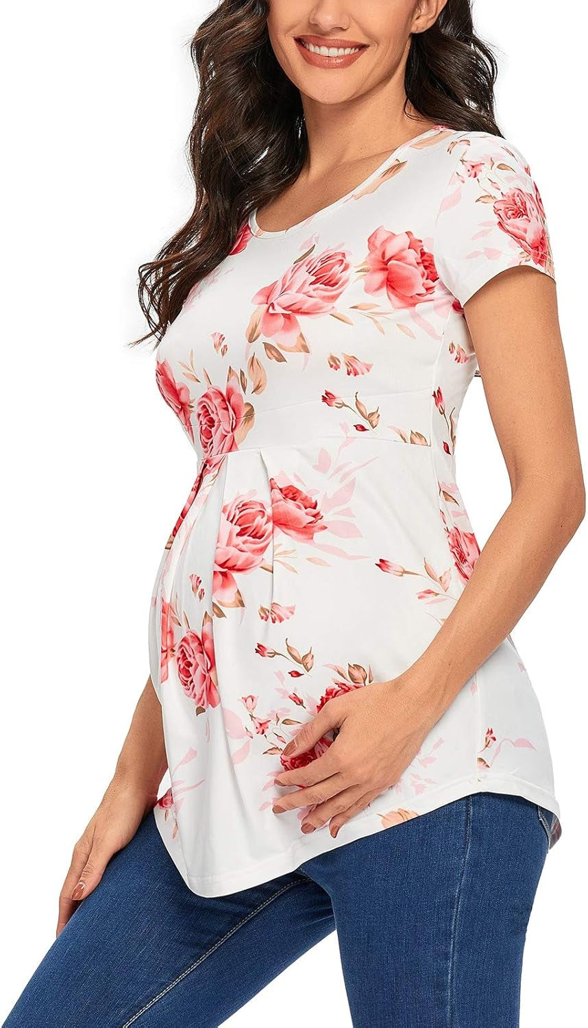 Glampunch Women'S Maternity Tops Short & 3/4 Sleeve round Neck Front Pleat Peplum Tunic Top Pregnancy Shirts