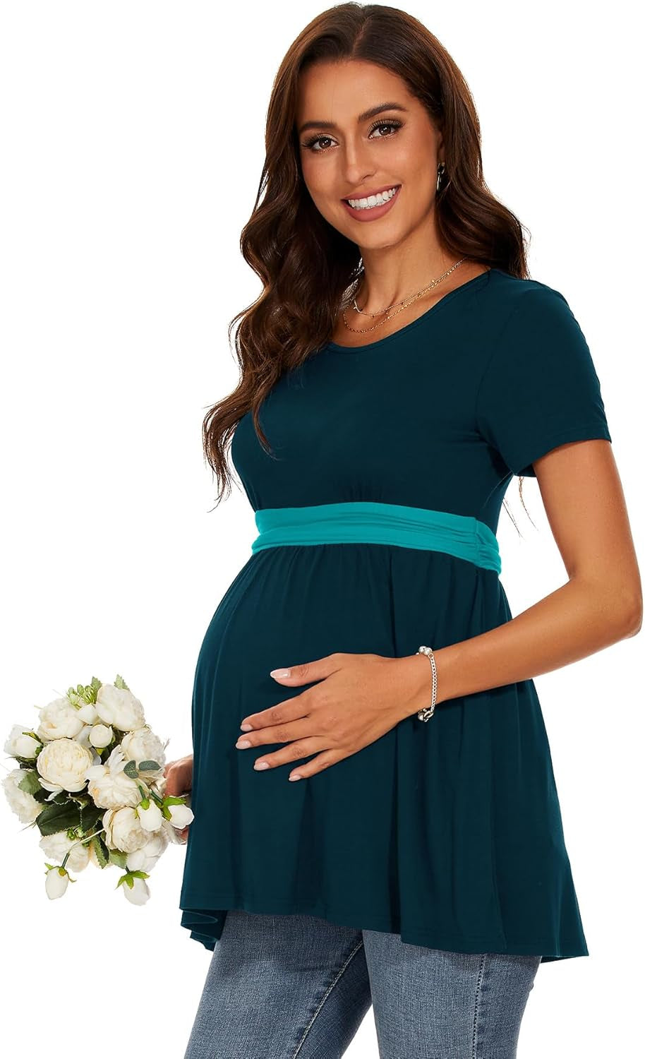 Women'S Maternity Tops Short & Long Sleeve Pleated Waist Shirts Pregnancy Clothes
