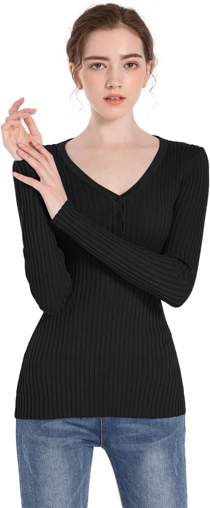 V28 Women Tops Long Sleeve V Neck Henley Button up Casual Sexy Slim Fit Ribbed Knit Knitwear Pullover Sweater