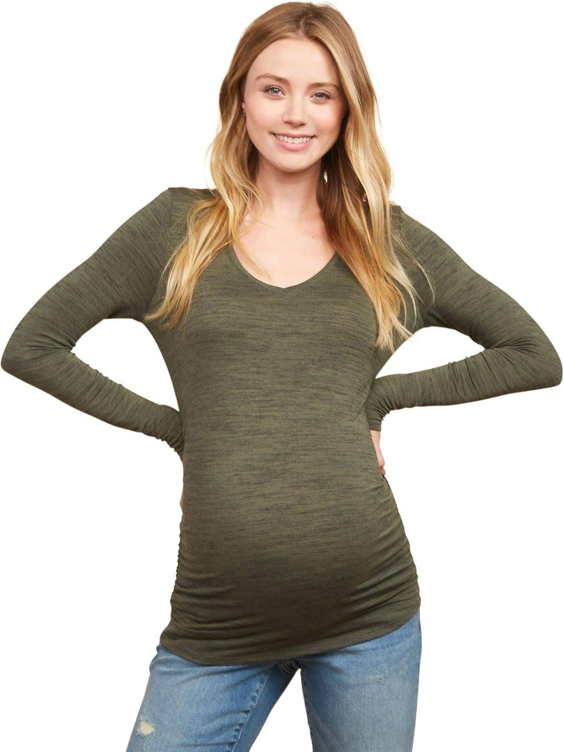 Motherhood Maternity Women'S Long Sleeve V-Neck Side Ruched Tee Shirt