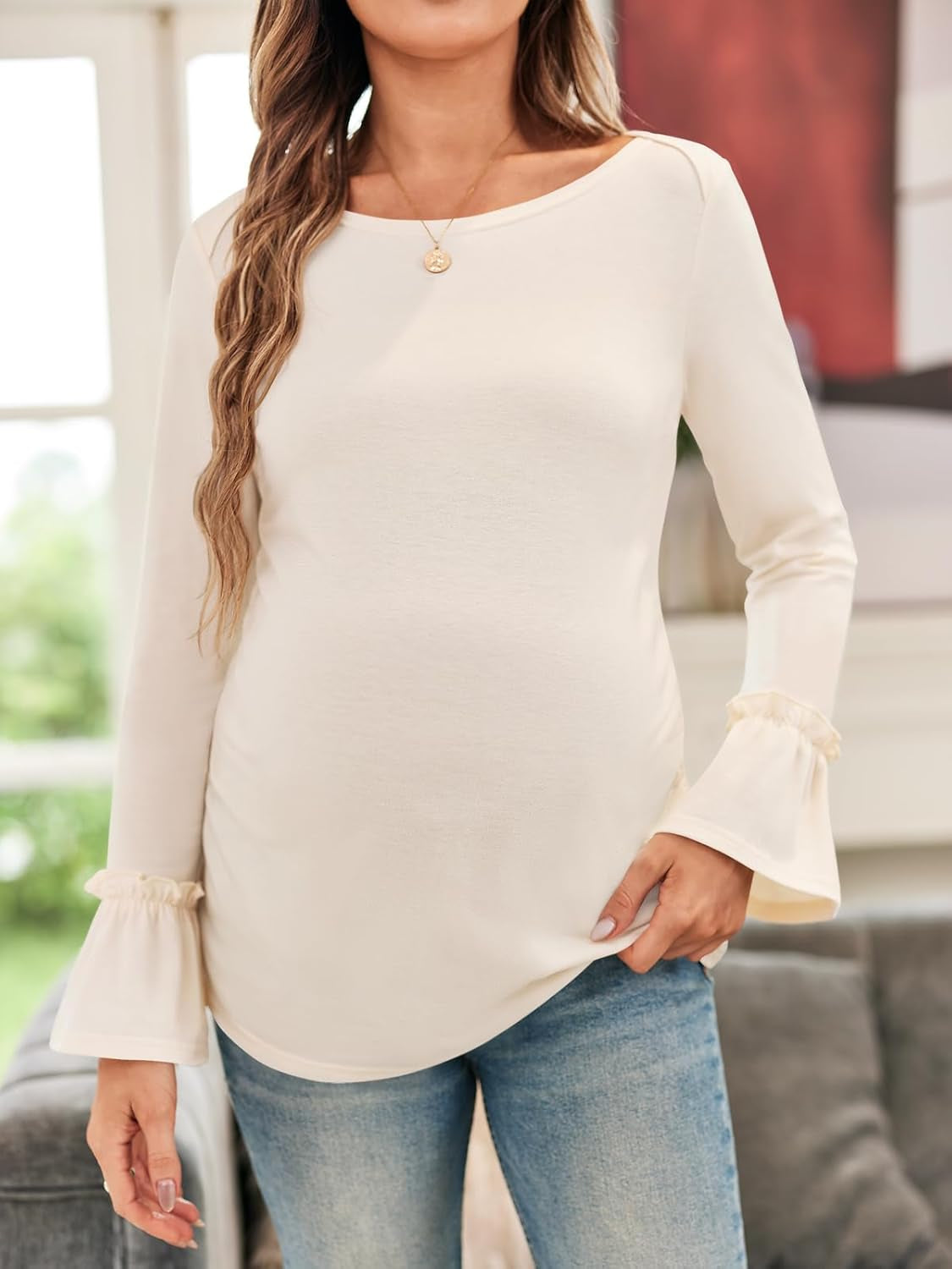 Women'S Maternity Shirts Bell Sleeve Pregnancy Tops Casual Boat Neck Maternity Clothes