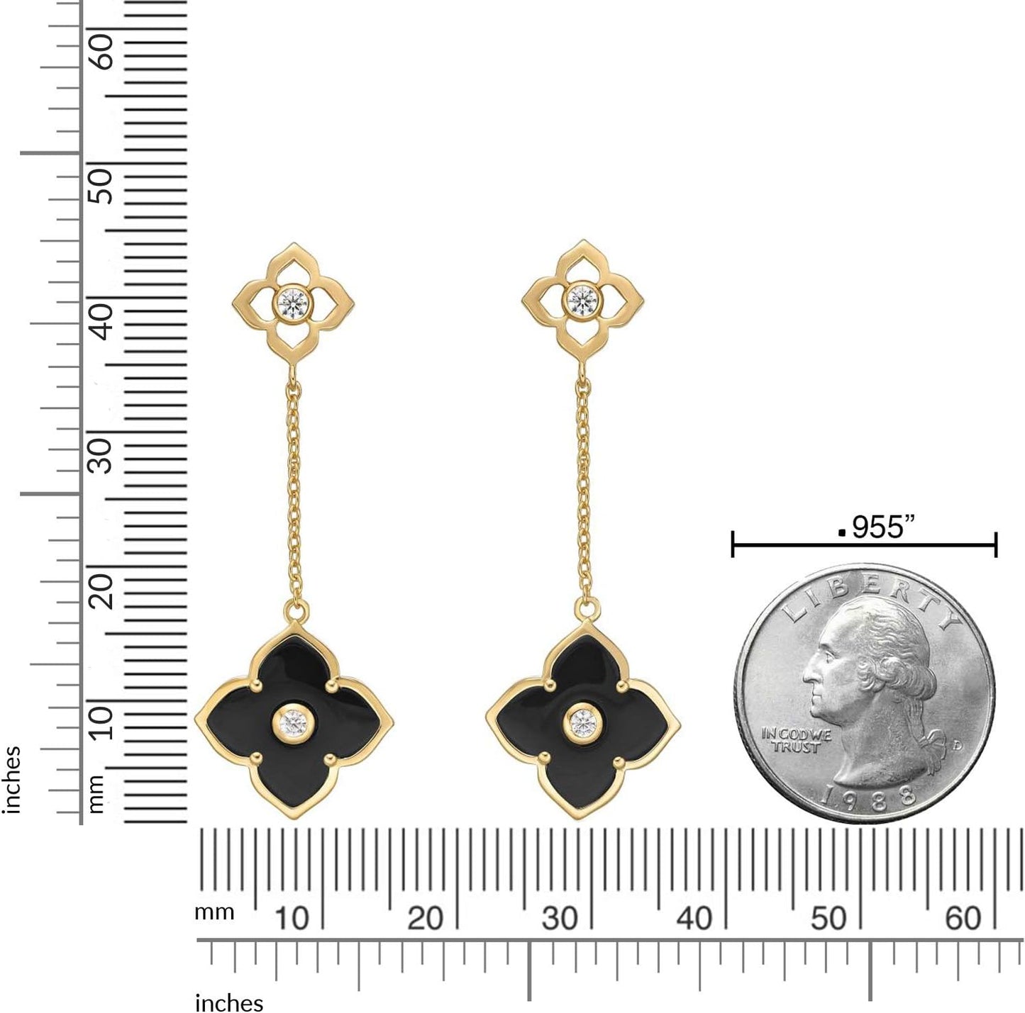 Black Onyx Flower Dangle Drop Earrings for Women in 925 Sterling Silver with Yellow Gold Plating Friction Back by Lavari Jewelers