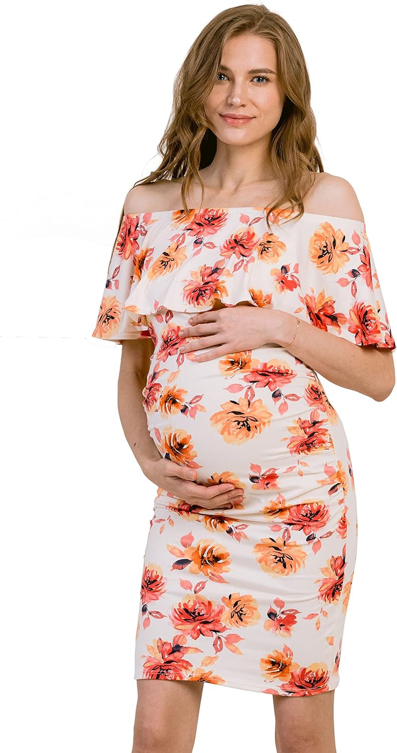 Hello MIZ Women'S Floral Ruffle off Shoulder Maternity Dress - Made in USA