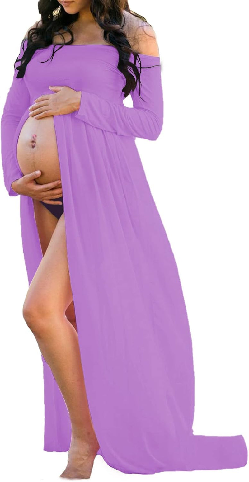 Mommy Jennie Maternity Dress off Shoulder Long Sleeve Split Front Chiffon Gown for Photoshoot
