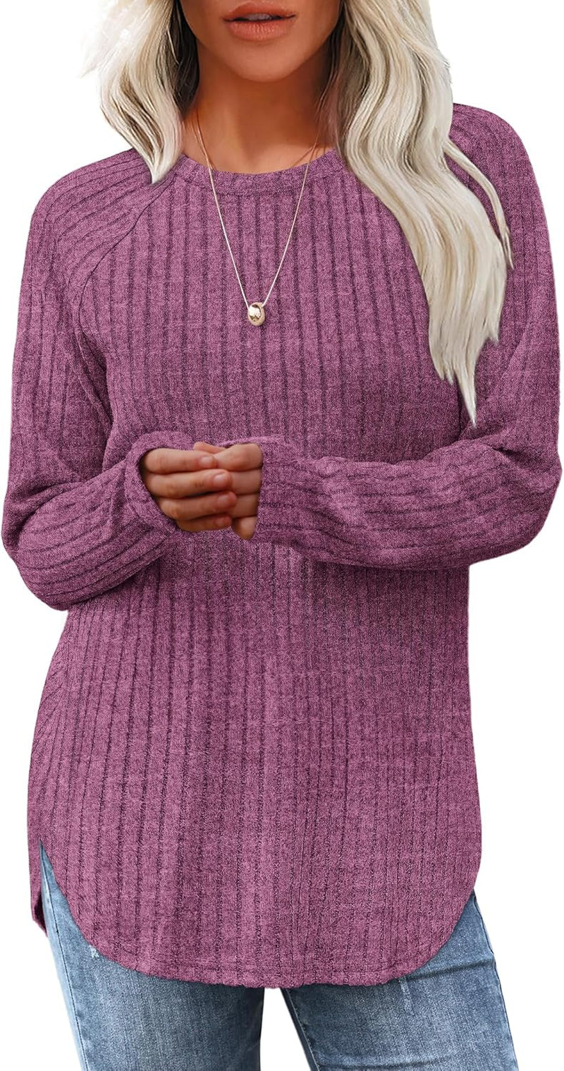 Saloogoe Long Sleeve Shirts for Women Tunic Tops for Women Loose Fit Dressy Crew Neck Pullover Basic Sweaters for Women 2024