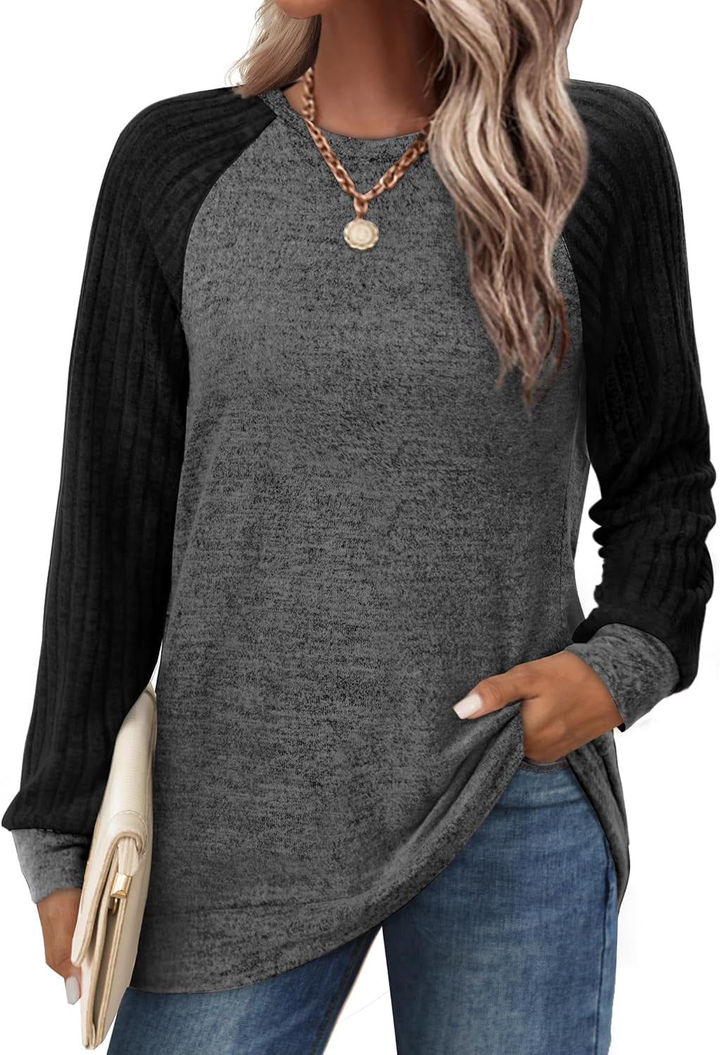 Saloogoe Tunic Sweatshirts for Women Crewneck Lightweight Sweaters Raglan Long Sleeve Shirts Fall Fashion Tops 2024