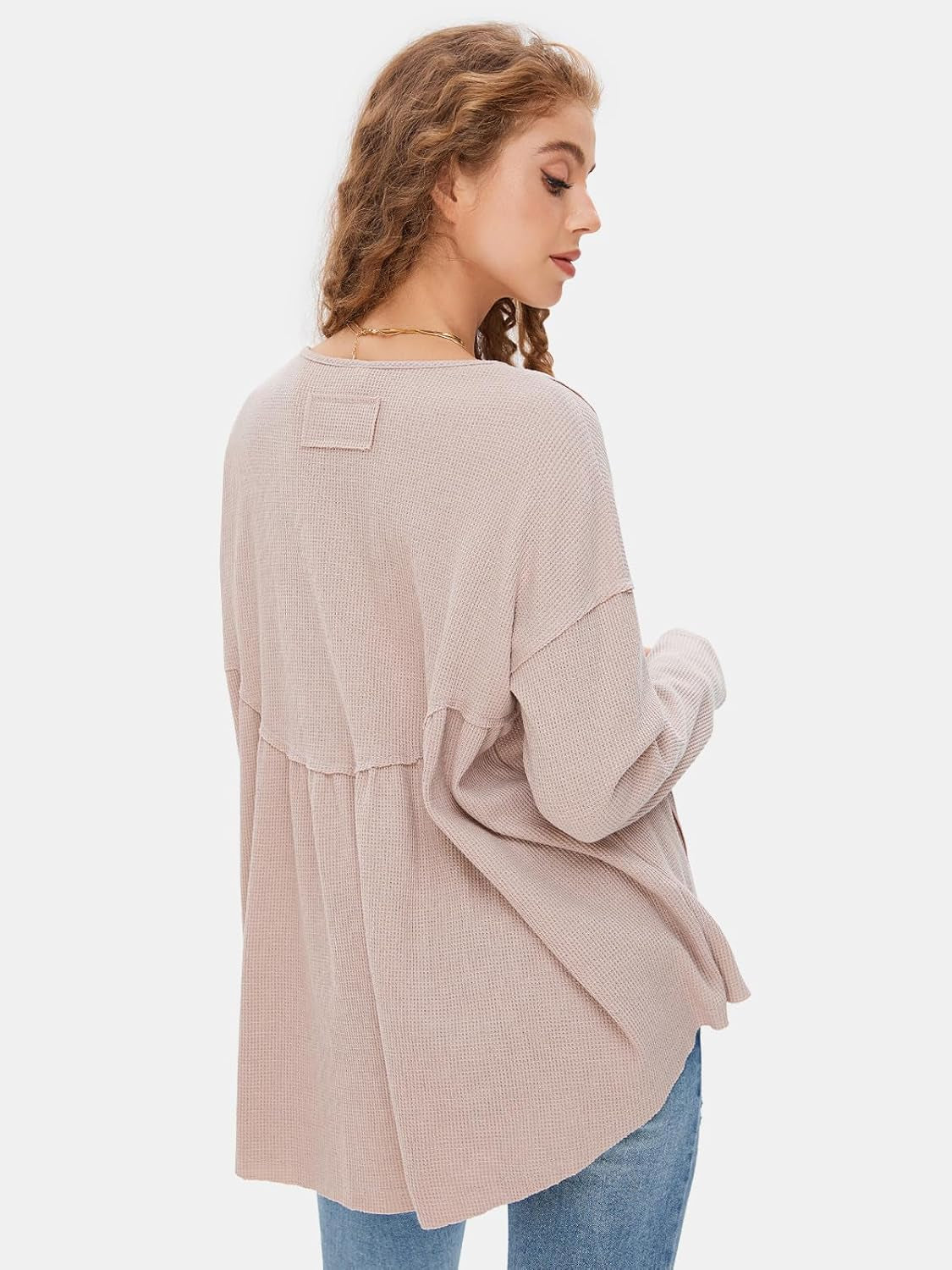 EXLURA Waffle Knit Long Sleeve Shirts for Womens Crewneck Loose Babydoll Tunic Tops Maternity Tops Fall Fashion 2024 Clothes Apricot