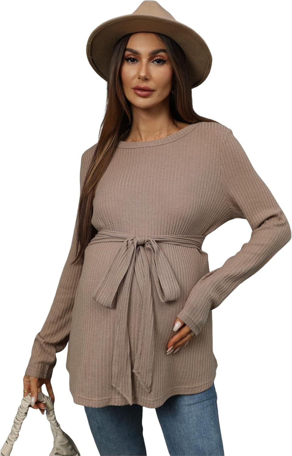 Makemechic Women'S Maternity Shirts Casual Long Sleeve Tie Front Ribbed Knit Pregnancy Tee Top