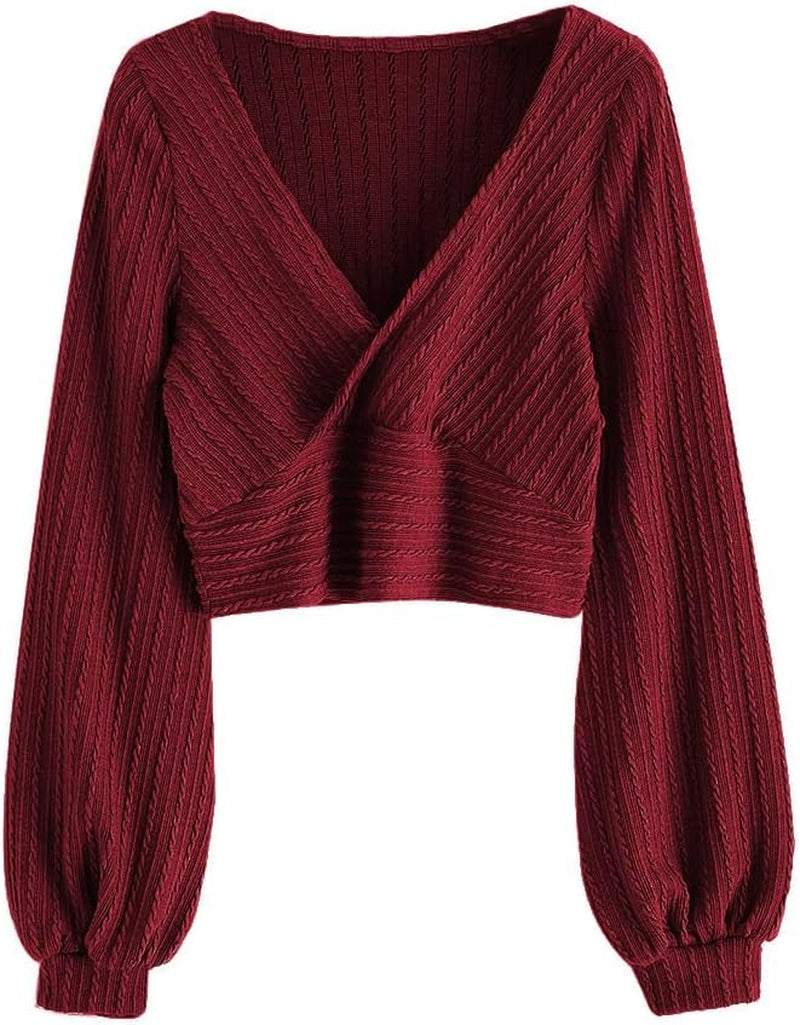 ZAFUL Women'S Pullover Ribbed Cropped Knitwear Drawstring Ruched Knitted Crop Top Solid V-Neck Long Sleeve T-Shirt