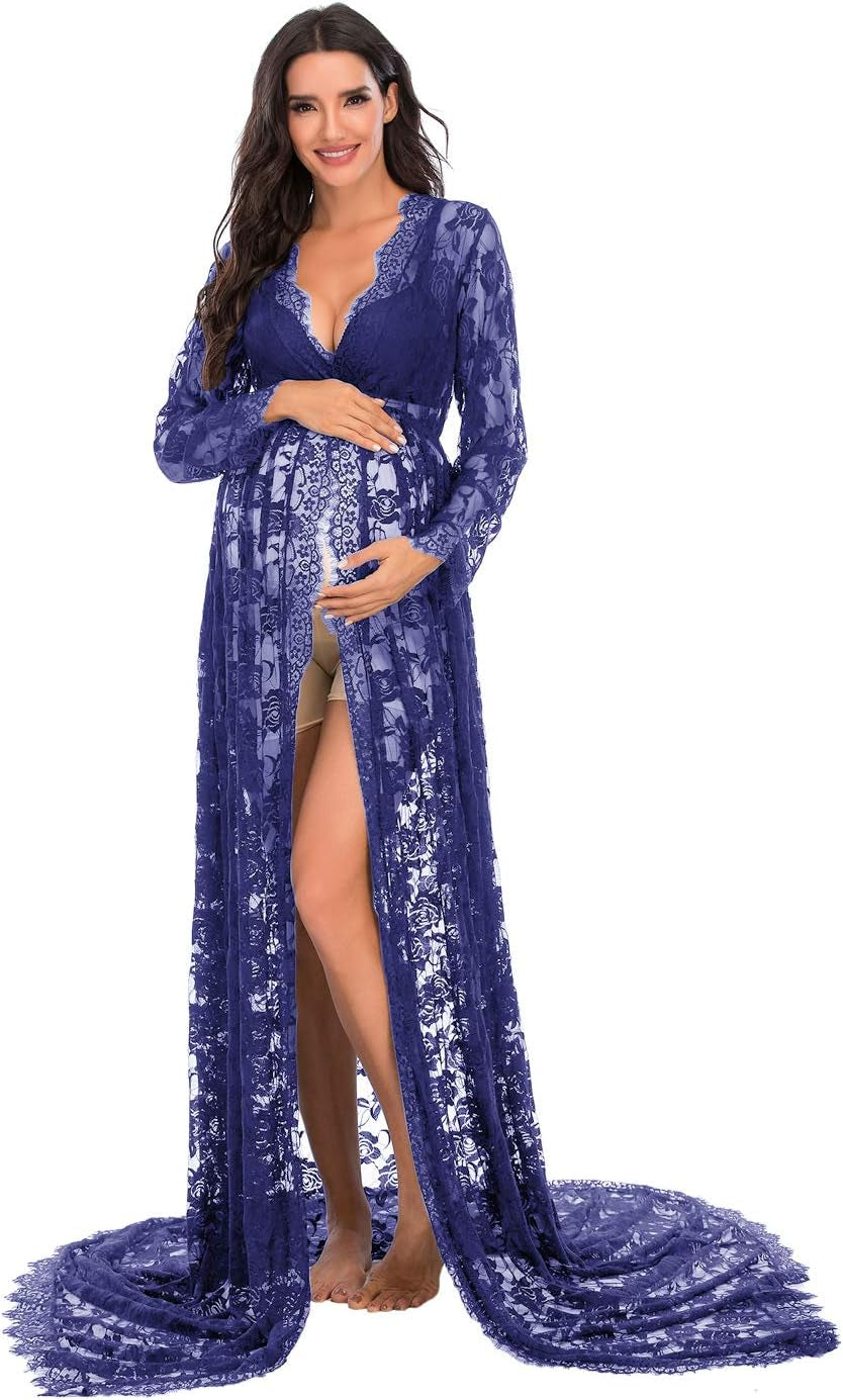 ZIUMUDY Maternity Deep V-Neck Split Front See-Through Maxi Lace Dress for Photography with Long Sleeve