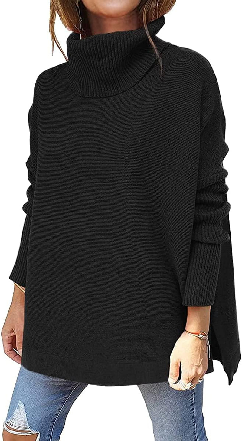 LILLUSORY Women'S Turtleneck Oversized Sweaters Long Batwing Sleeve Spilt Hem Tunic Pullover Knit Tops
